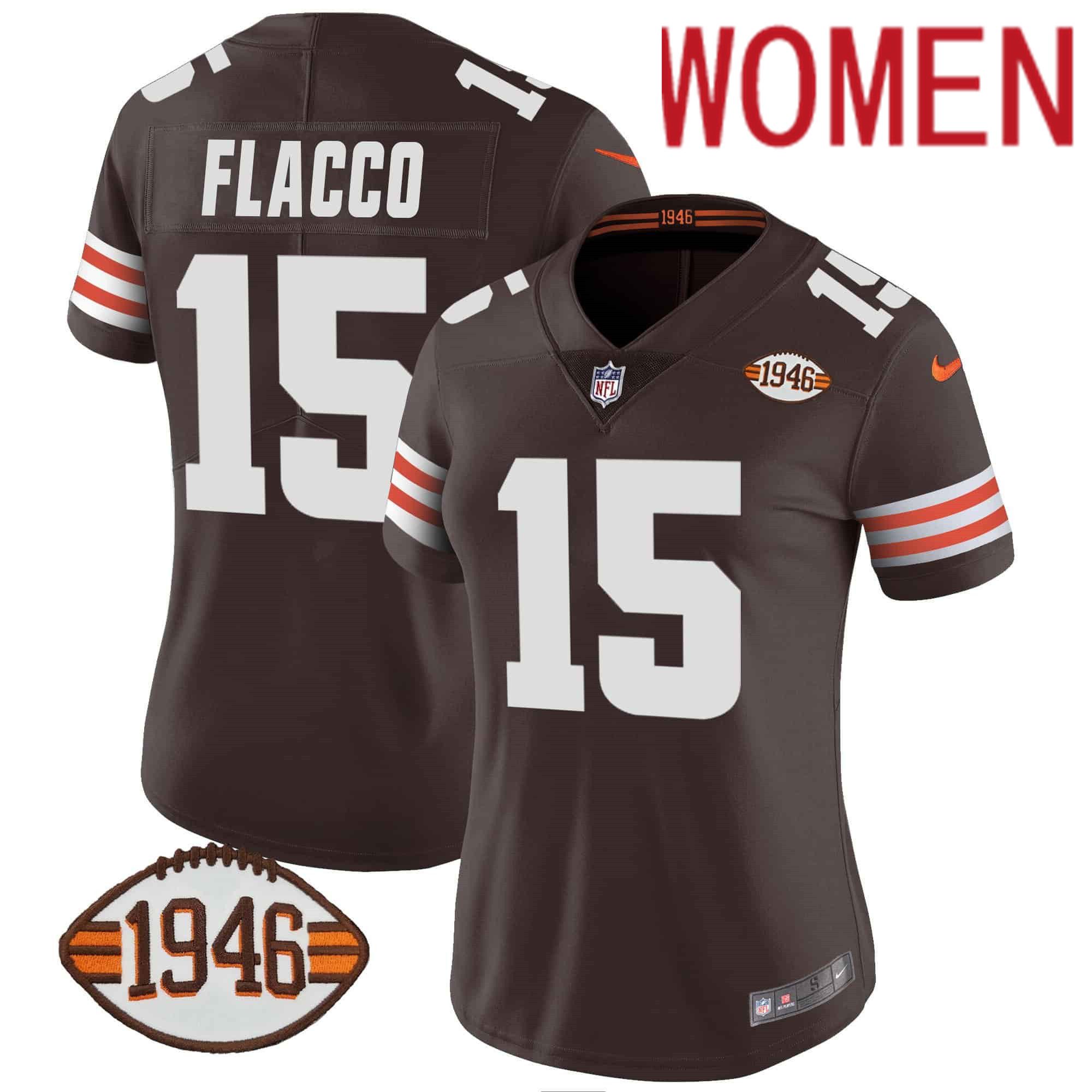 Women Cleveland Browns #15 Flacco Brown 1946 75th Anniversary Patch 2024 Nike NFL Jersey style 1